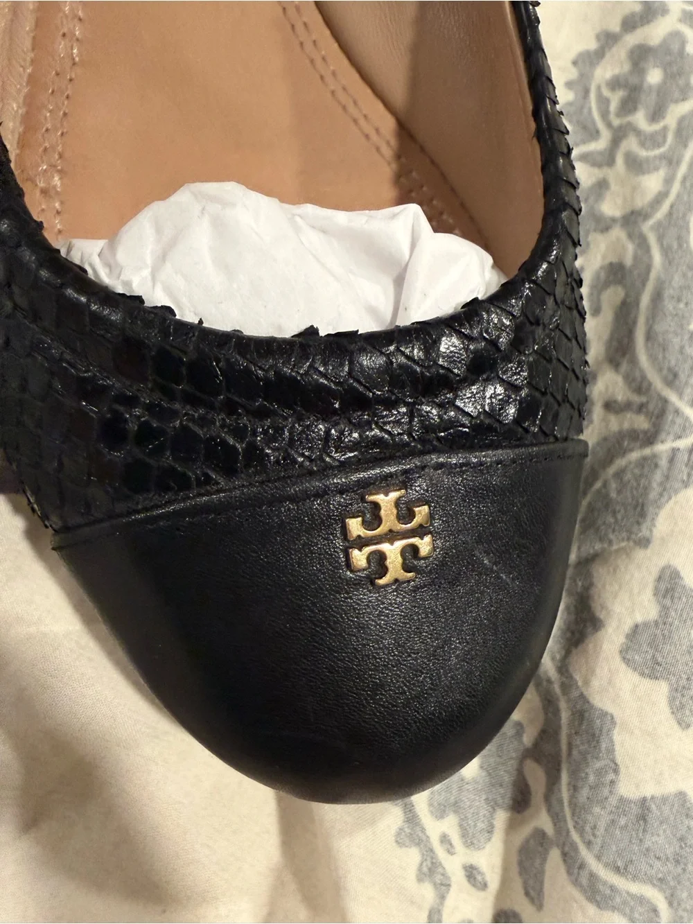 Tory Burch Black Leather Ballet Flats with Gold Logo